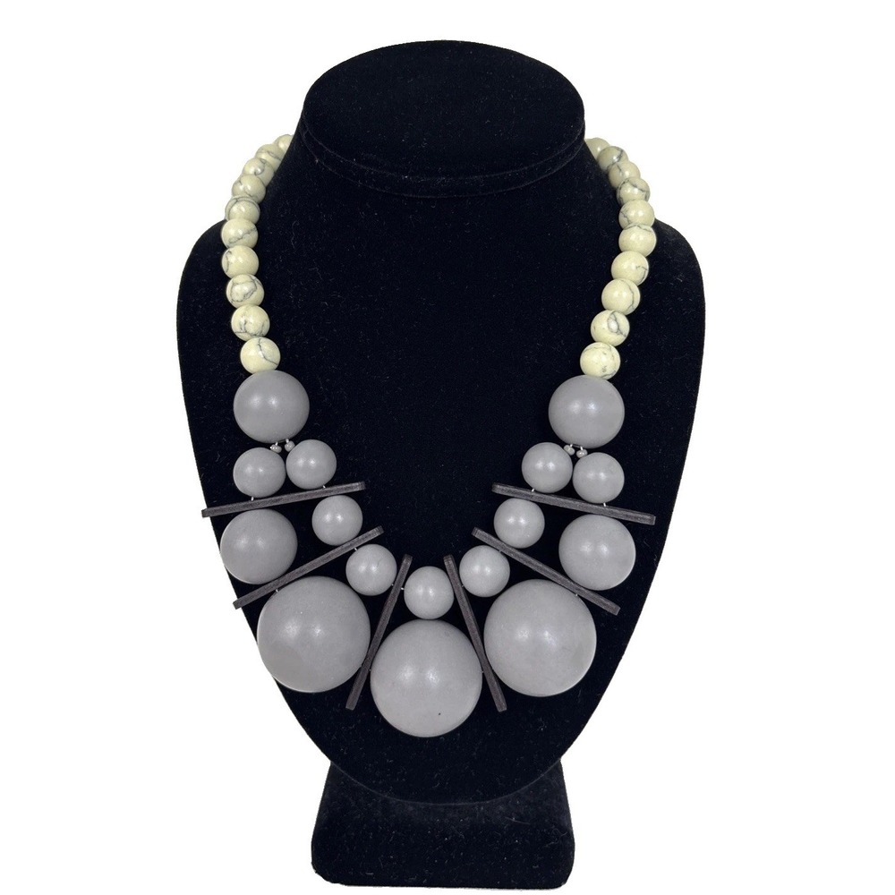 David Aubrey Howlite Beaded Statement Necklace Grey & Cream Boho Artsy Geometric